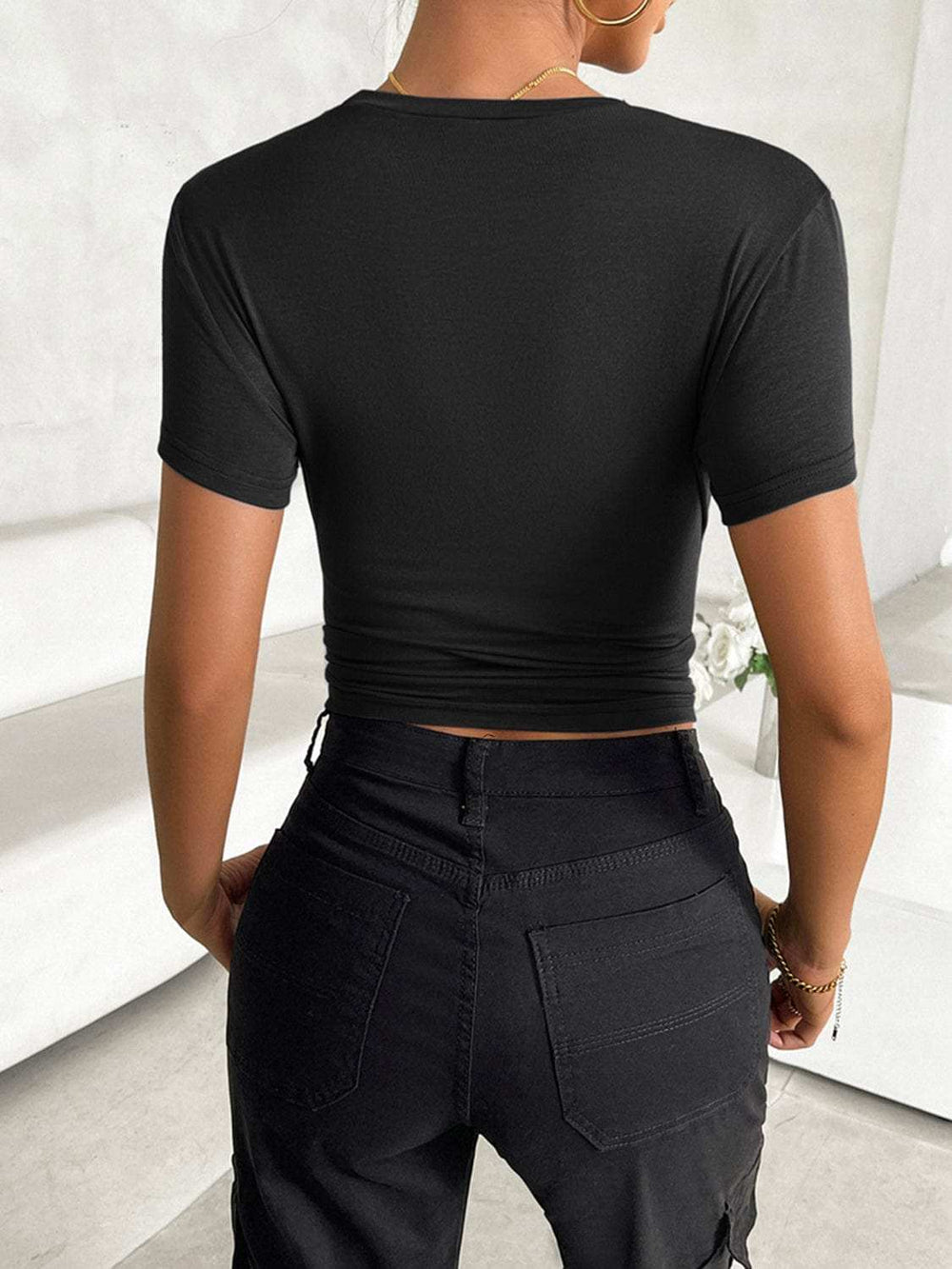 Round Neck Short Sleeve T-Shirt - Trendsi - Flyclothing LLC