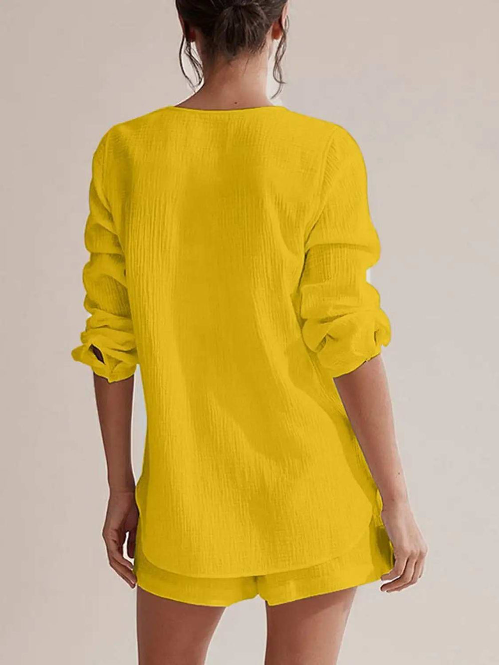 Notched Long Sleeve Top and Shorts Set - Trendsi - Flyclothing LLC