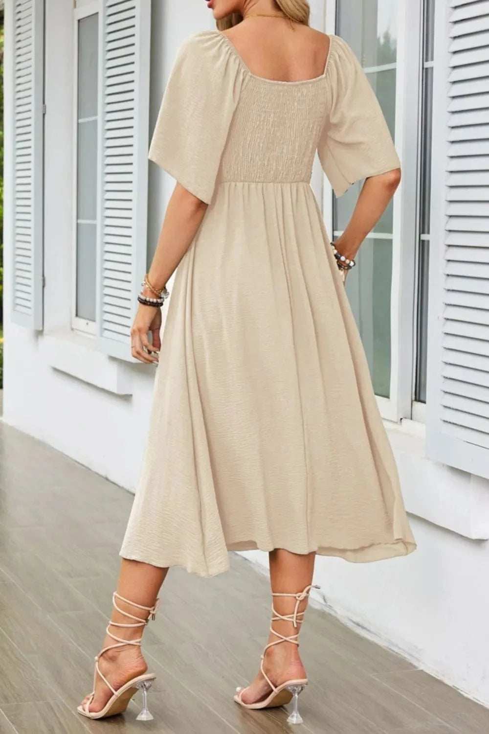 Smocked Tie Front Flutter Sleeve Midi Dress - Trendsi - Flyclothing LLC