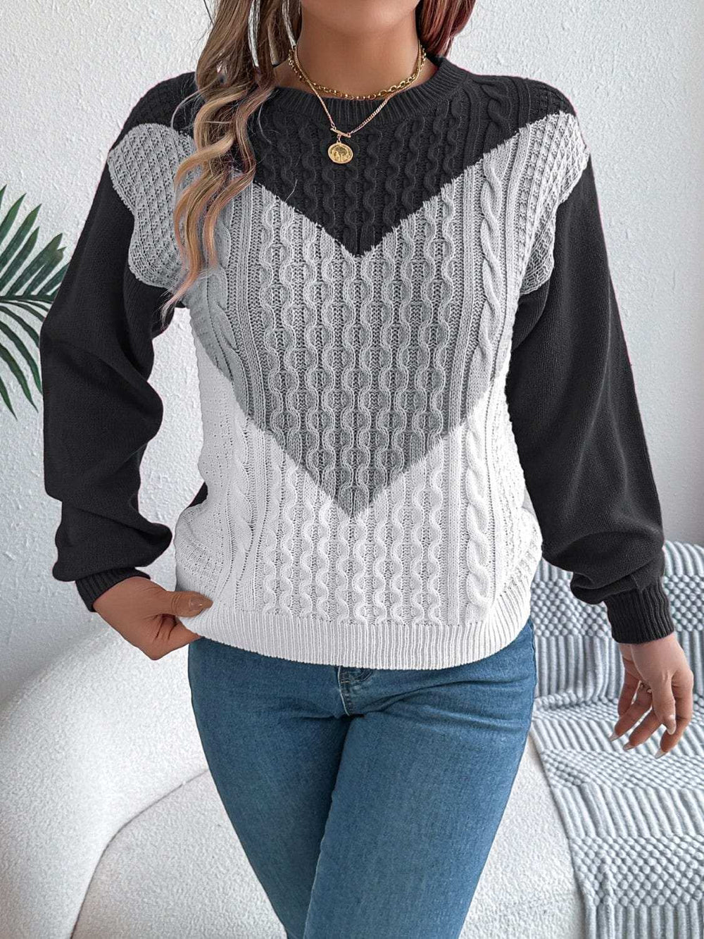 Contrast Round Neck Long Sleeve Sweater - Trendsi - Flyclothing LLC