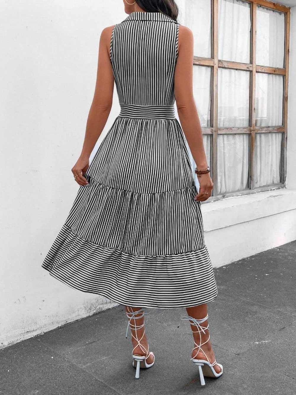Striped Johnny Collar Sleeveless Midi Dress - Trendsi - Flyclothing LLC