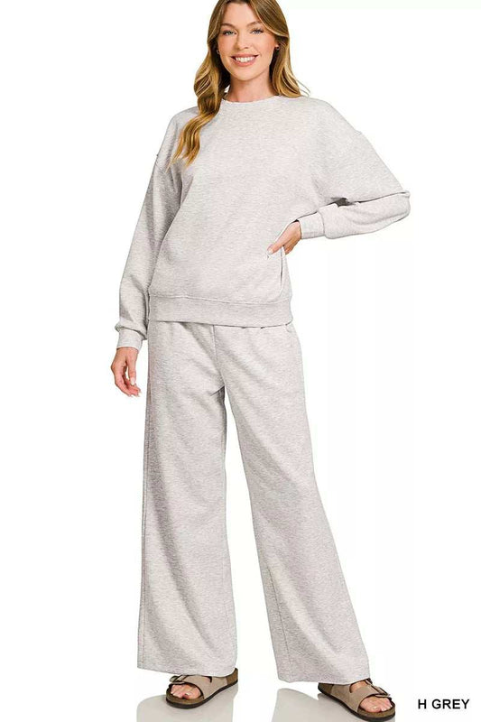 Zenana Scuba Crewneck Pullover and Pants Set - Trendsi - Flyclothing LLC
