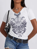 Graphic V-Neck Short Sleeve T-Shirt - Trendsi - Flyclothing LLC