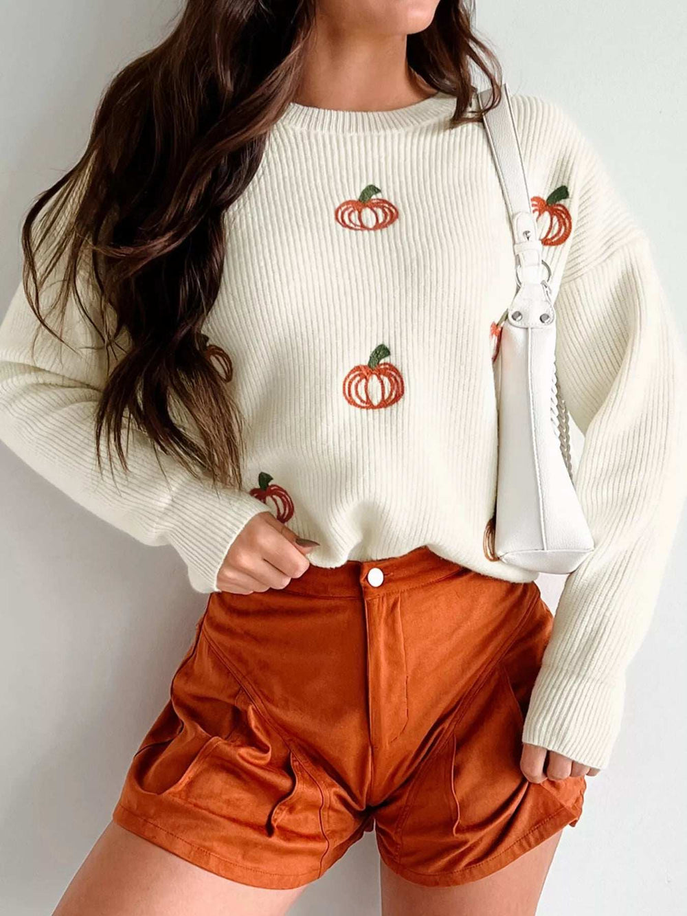 Halloween Pumpkin Embroidered Round Neck Long Sleeve Sweater - Trendsi - Flyclothing LLC