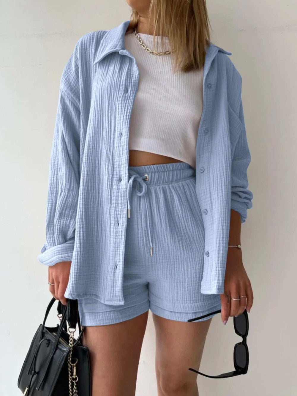 Textured Button Up Shirt and Shorts Set - Trendsi - Flyclothing LLC