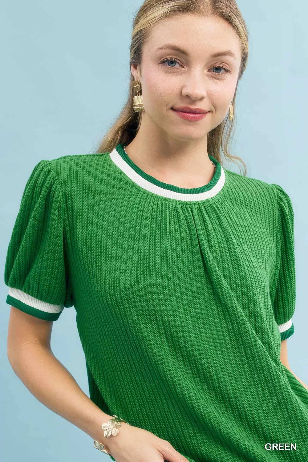 Umgee Puff Sleeve Knit Top with Contrast Rib Trim - Trendsi - Flyclothing LLC