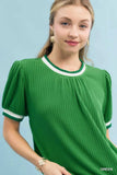 Umgee Puff Sleeve Knit Top with Contrast Rib Trim - Trendsi - Flyclothing LLC