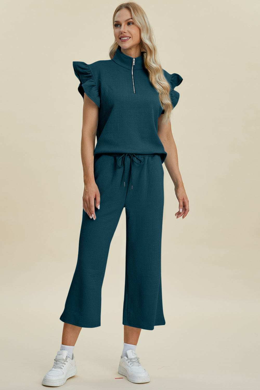 Double Take Full Size Texture Ruffle Short Sleeve Top and Wide Leg Pants Set - Trendsi - Flyclothing LLC
