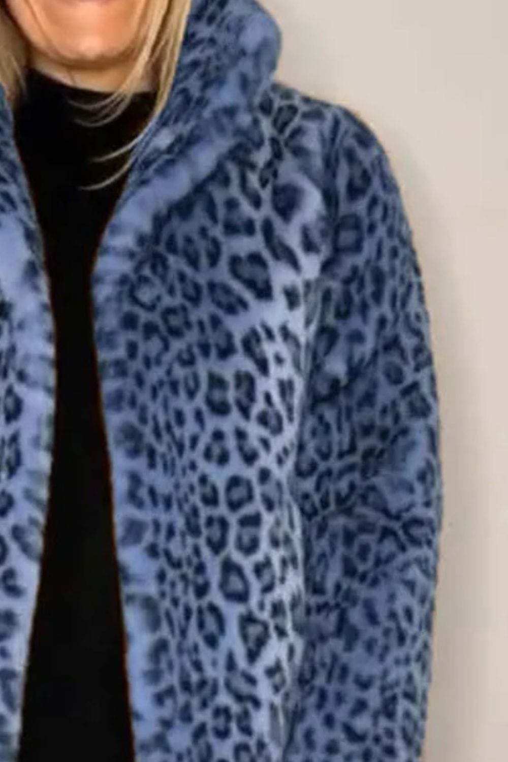 Full Size Leopard Furry Collared Neck Long Sleeve Coat - Trendsi - Flyclothing LLC