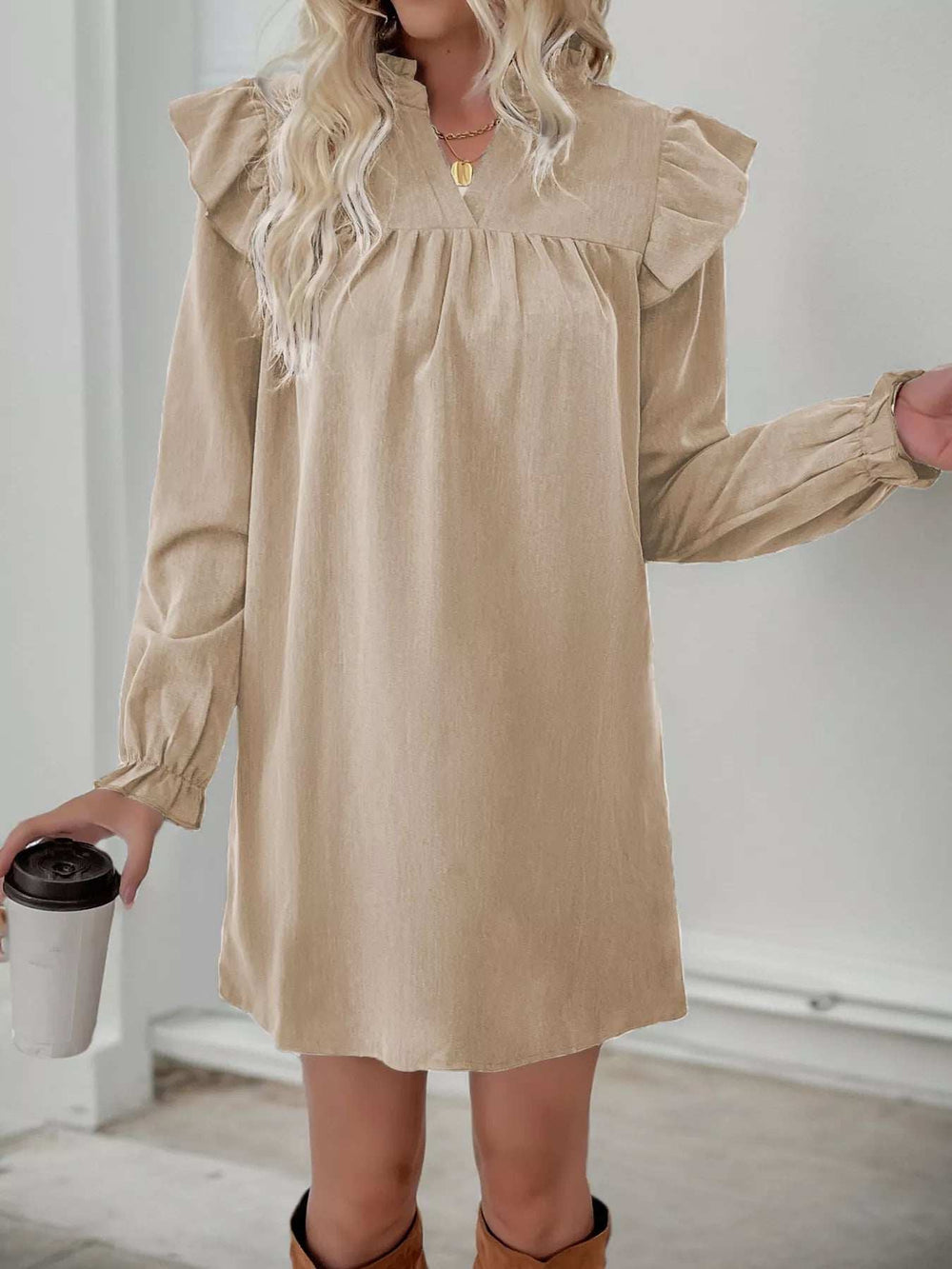 Ruffled Notched Flounce Sleeve Dress - Trendsi - Flyclothing LLC