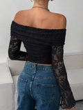 Lace Off-Shoulder Long Sleeve Top - Trendsi - Flyclothing LLC