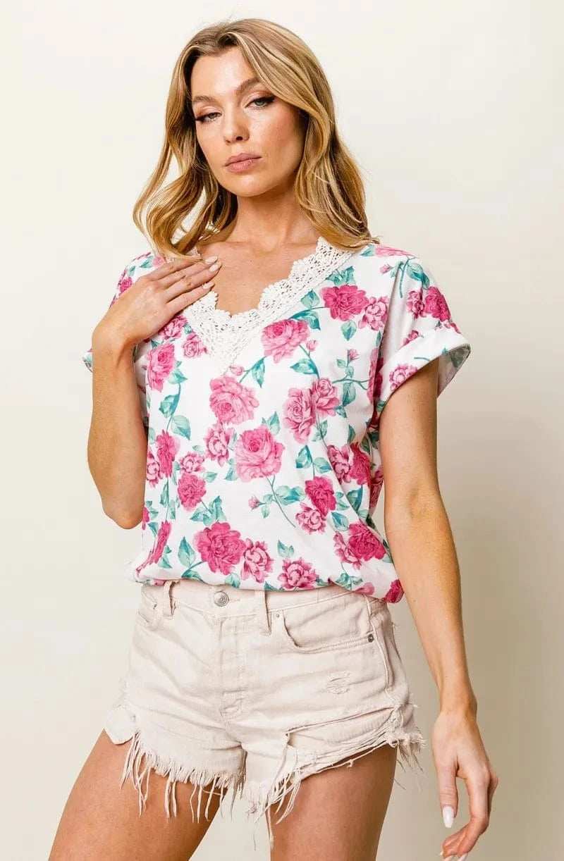 BiBi Rose Printed Poly Span with Crochet Lace Top - Trendsi - Flyclothing LLC