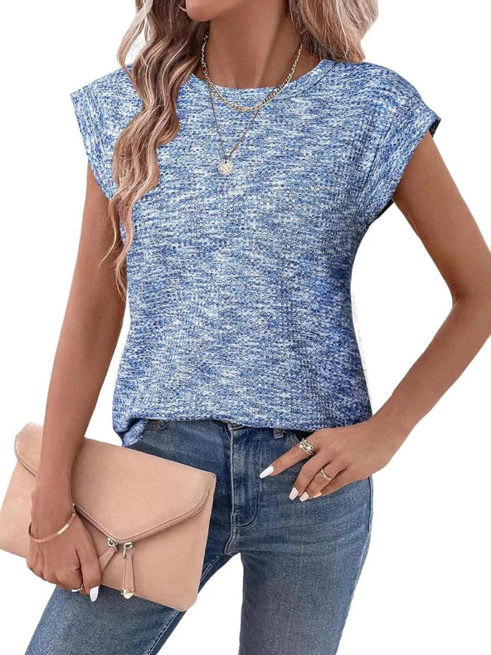 Round Neck Knit Cap Sleeve Top - Trendsi - Flyclothing LLC