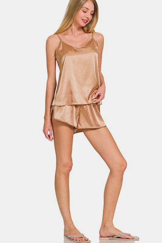 Zenana V-Neck Satin Cami and Elastic Waist Shorts Lounge Set - Trendsi - Flyclothing LLC