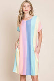 BOMBOM Striped Short Sleeve Dress with Pockets - Trendsi - Flyclothing LLC