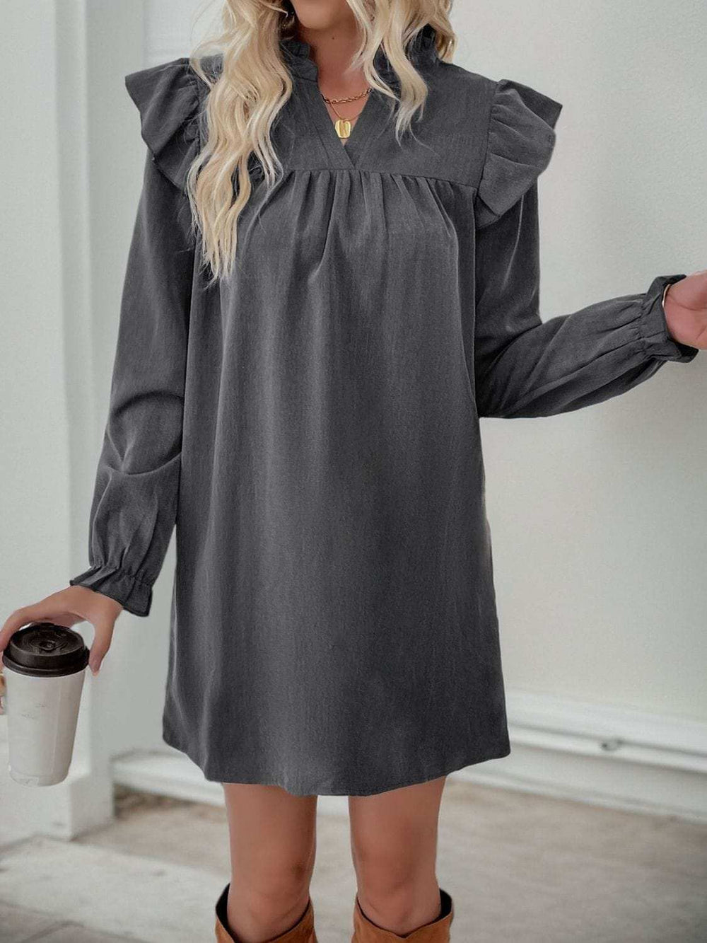 Perfee Ruffled Notched Long Sleeve Mini Dress - Trendsi - Flyclothing LLC