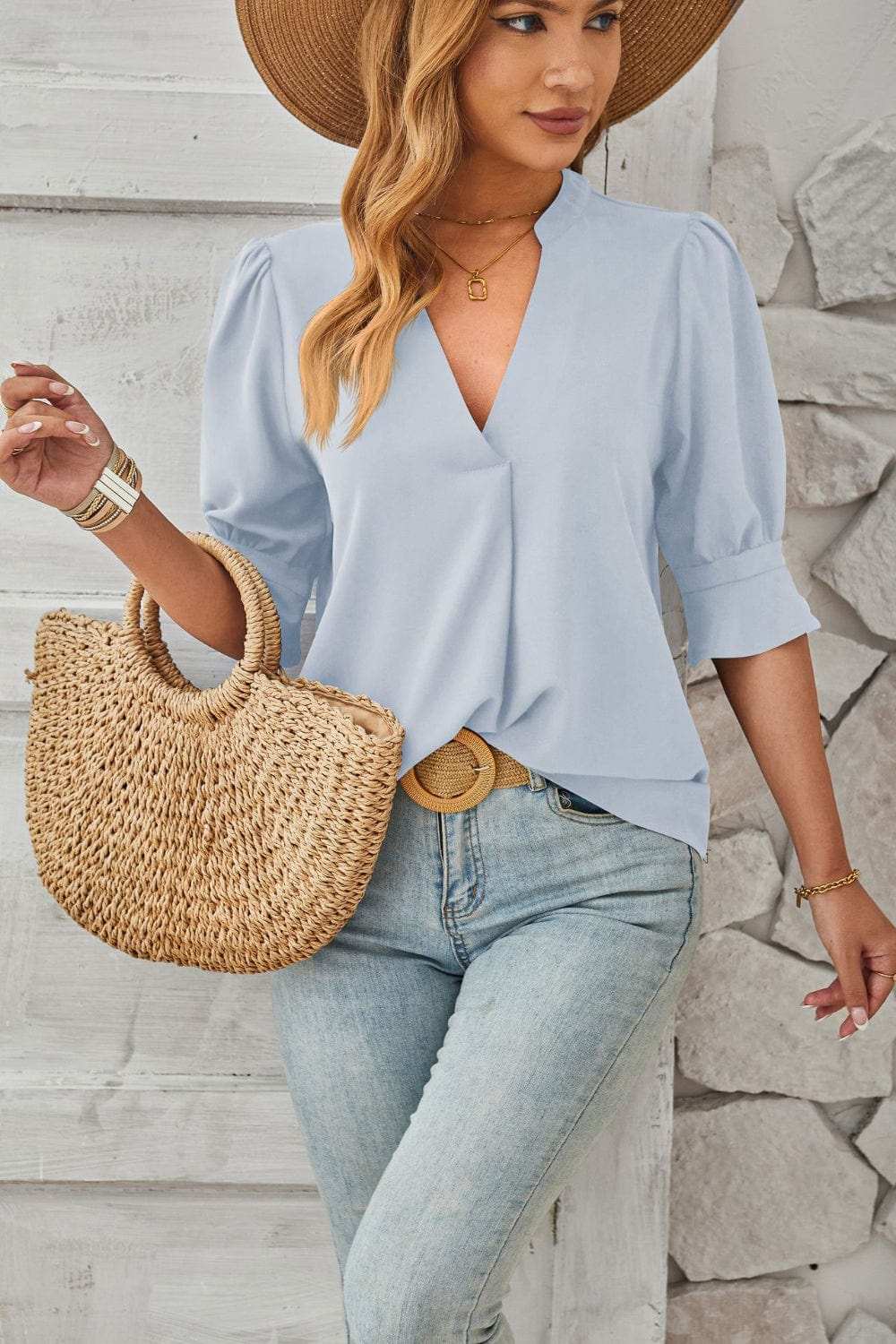 Notched Half Sleeve Blouse - Trendsi - Flyclothing LLC