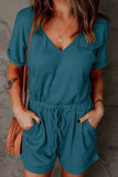 Full Size Drawstring V-Neck Short Sleeve Romper - Trendsi - Flyclothing LLC