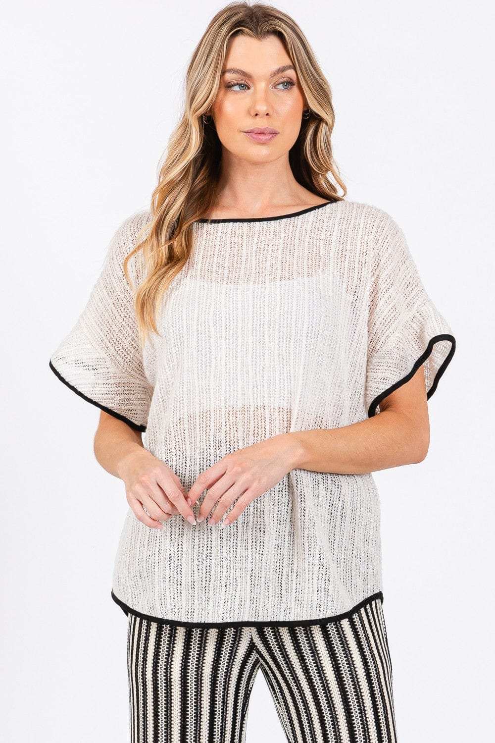 GeeGee Contrast Trim Short Sleeve Knit Cover Up - Trendsi - Flyclothing LLC