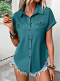 Pleated Detail Collared Neck Short Sleeve Shirt - Trendsi - Flyclothing LLC
