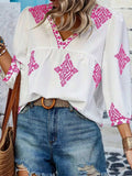 Printed V-Neck Three-Quarter Sleeve Blouse - Trendsi - Flyclothing LLC