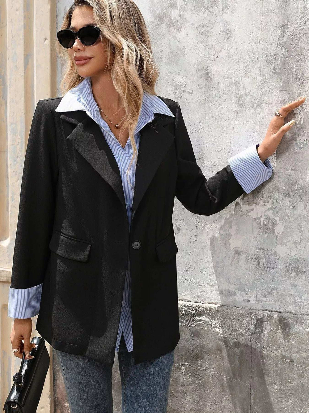 Striped Collar Long Sleeve Fake Two-Piece Blazer - Trendsi - Flyclothing LLC