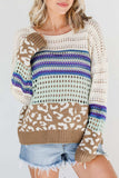 Leopard Striped Round Neck Crochet Knit Top - Trendsi - Flyclothing LLC