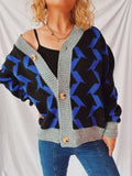 Contrast Trim Geometric V-Neck Long Sleeve Cardigan - Trendsi - Flyclothing LLC