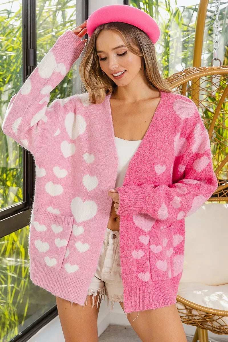 BiBi Heart Color Block V-Beck Knit Cardigan with Pockets - Trendsi - Flyclothing LLC