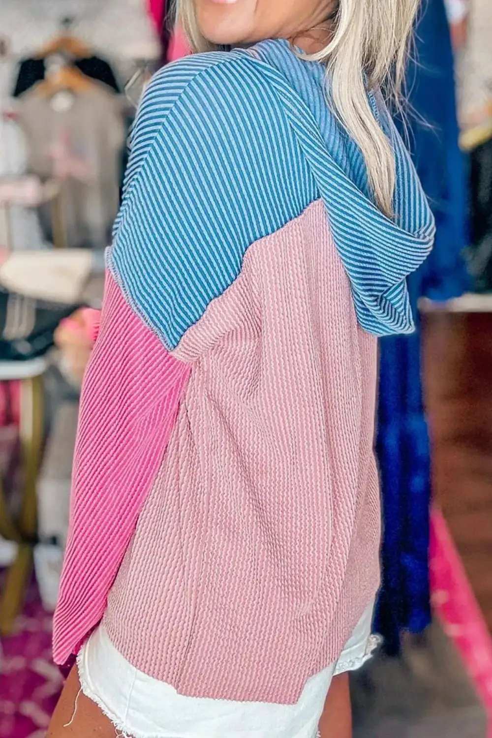 Textured Color Block Long Sleeve Hoodie - Trendsi - Flyclothing LLC