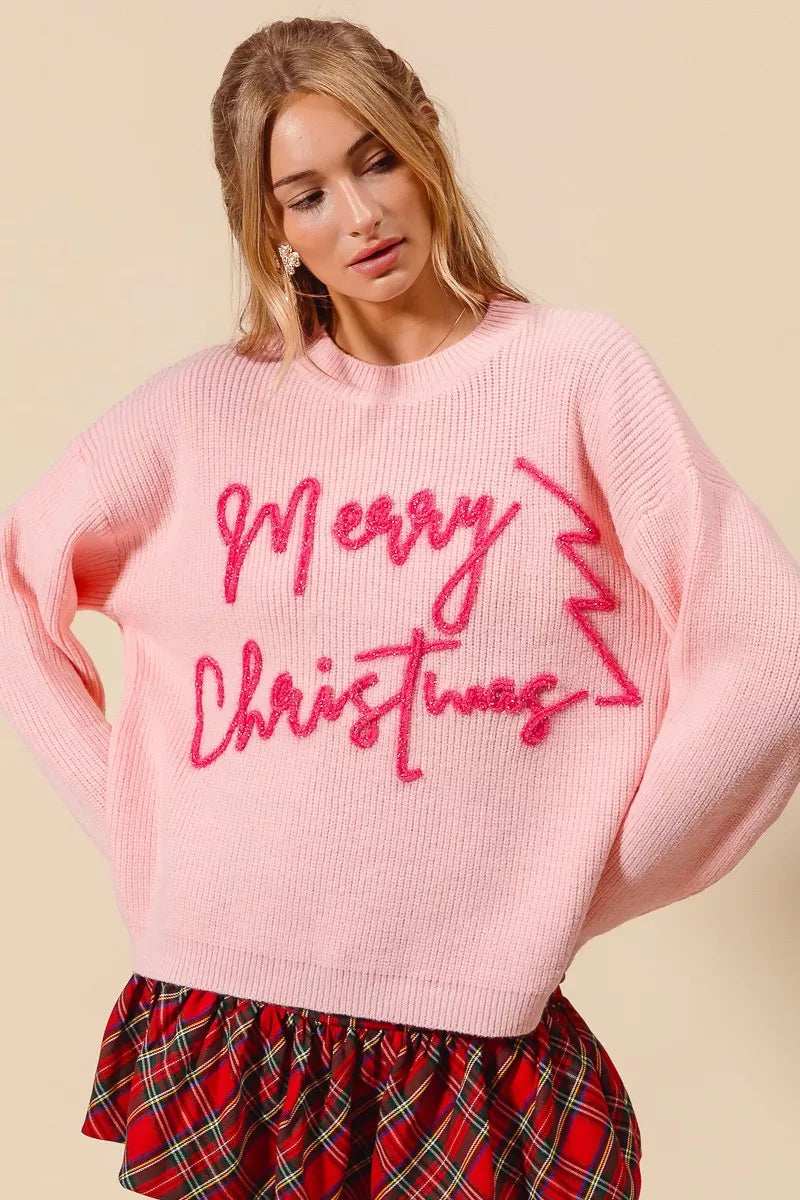 SO ME Merry Christmas Tinsel Lettering Sweater - Trendsi - Flyclothing LLC