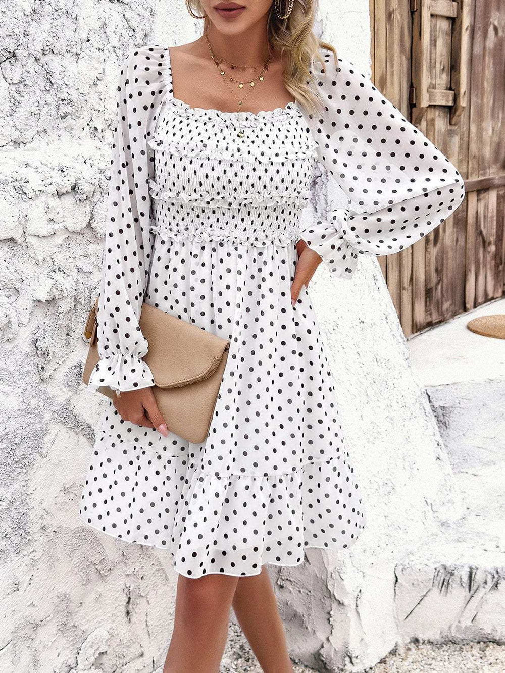 Smocked Polka Dot Long Sleeve Dress - Trendsi - Flyclothing LLC