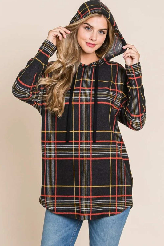 BOMBOM Drawstring Plaid Long Sleeve Hoodie - Trendsi - Flyclothing LLC