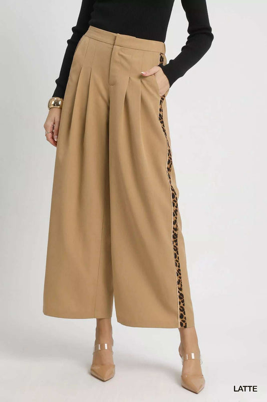 Umgee Front Pleated Wide-Leg Pants with Contrast Trim - Trendsi - Flyclothing LLC