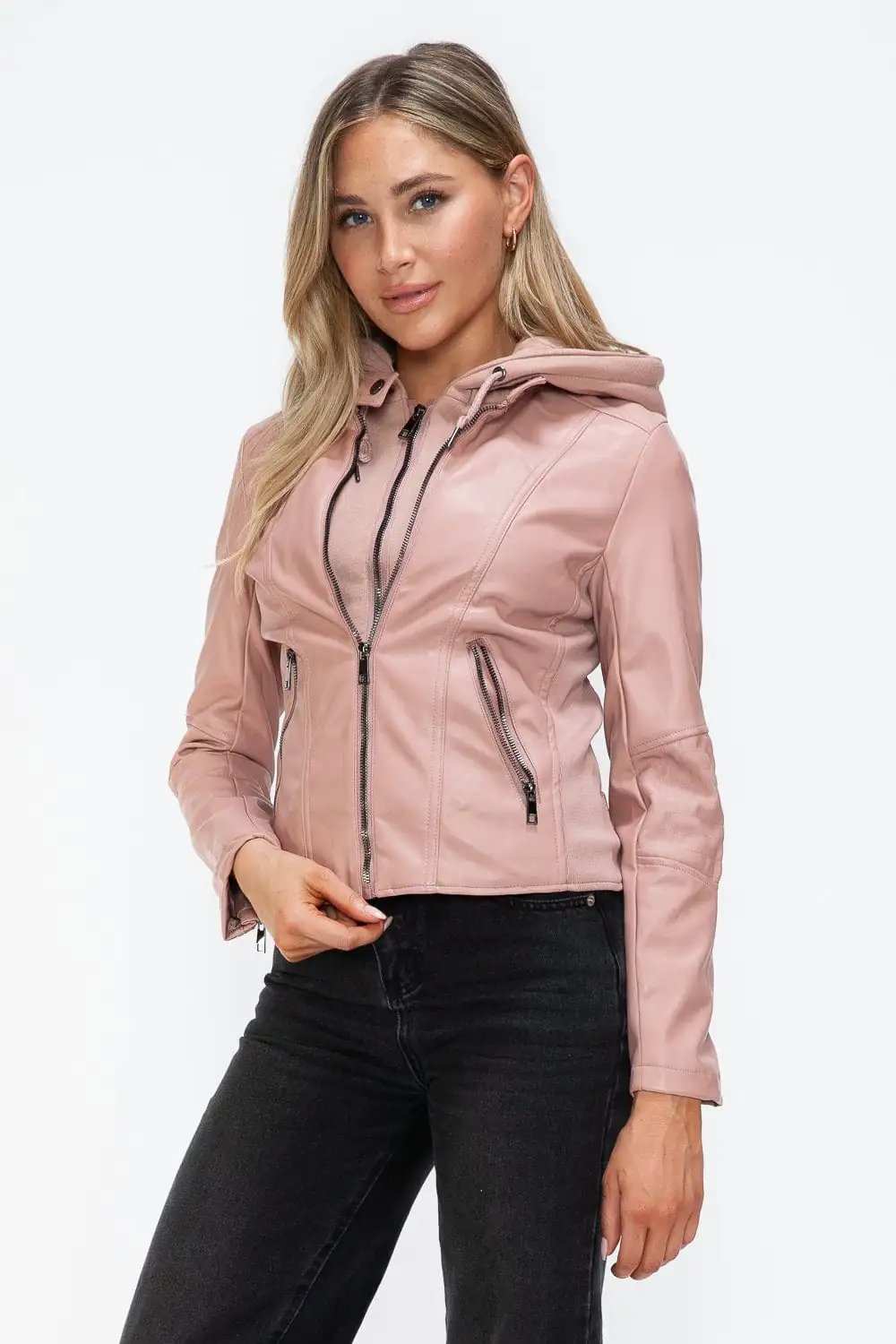 Snobbish Faux Leather Zip Up Drawstring Hooded Jacket - Trendsi - Flyclothing LLC