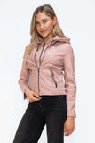 Snobbish Faux Leather Zip Up Drawstring Hooded Jacket - Trendsi - Flyclothing LLC