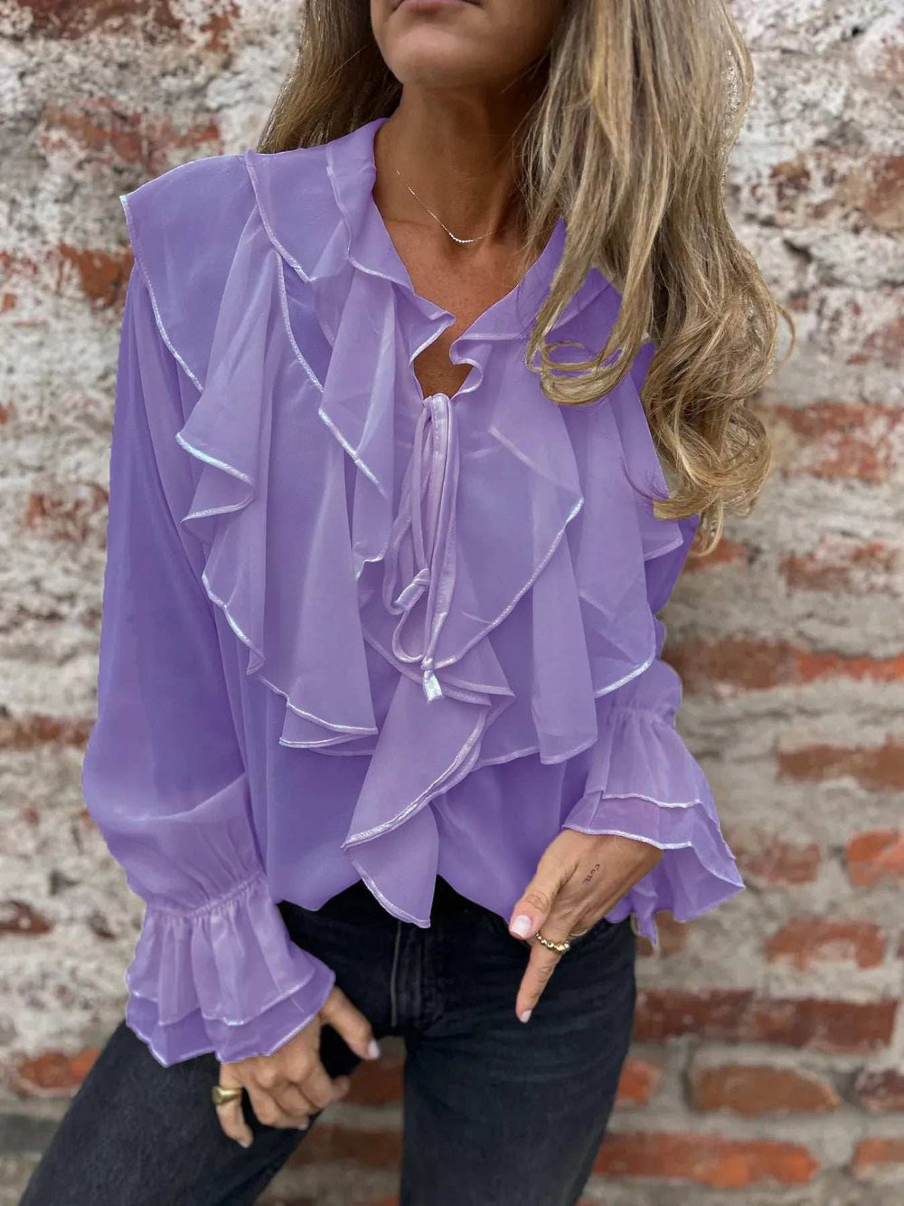 Ruffled Tie Front Flounce Sleeve Blouse - Trendsi - Flyclothing LLC