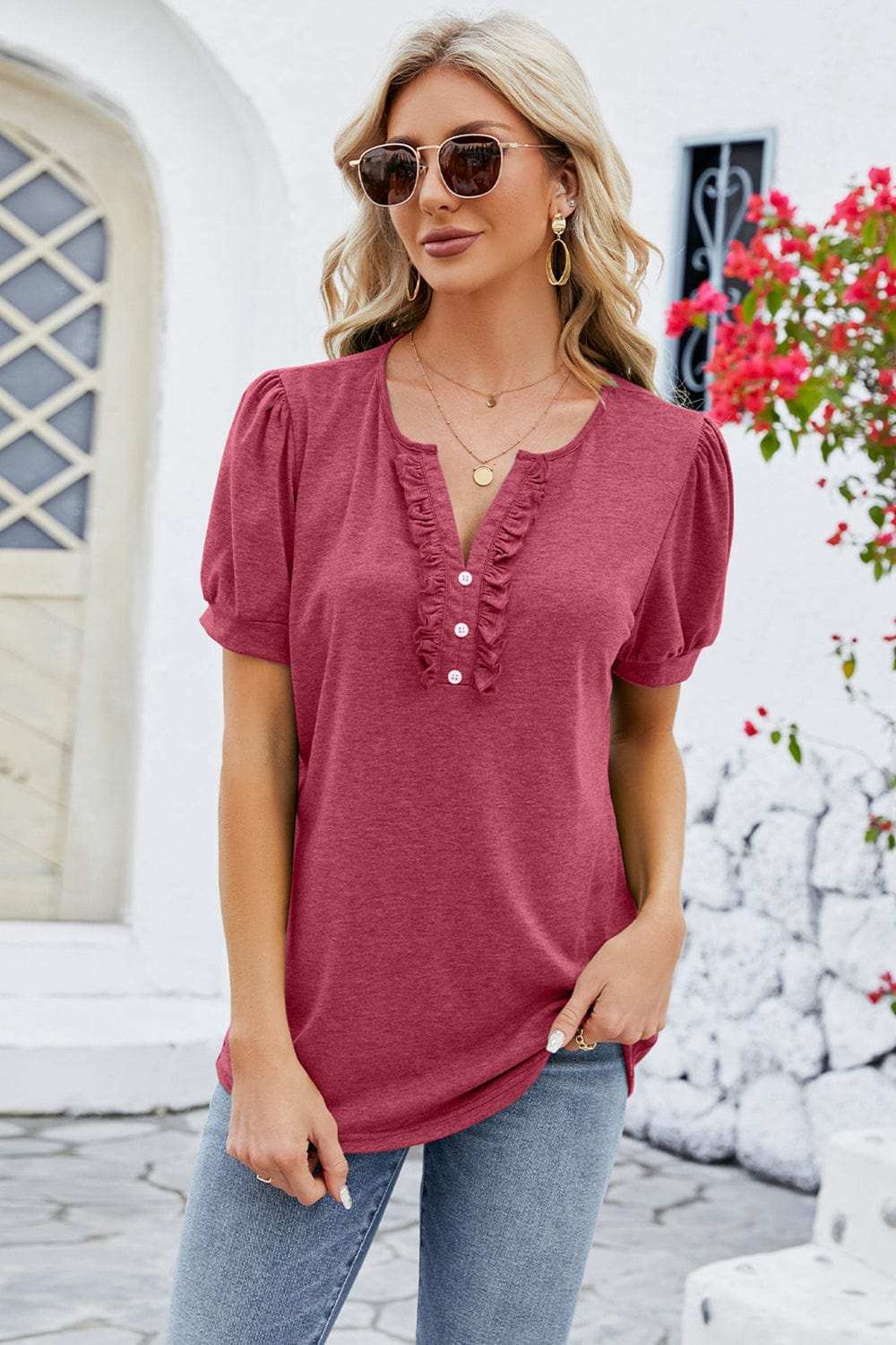 Frill Notched Short Sleeve Blouse - Trendsi - Flyclothing LLC