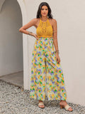 Openwork Halter Neck Floral Wide Leg Jumpsuit - Trendsi - Flyclothing LLC
