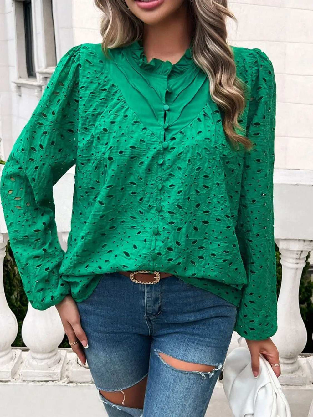 Frill Round Neck Long Sleeve Shirt - Trendsi - Flyclothing LLC