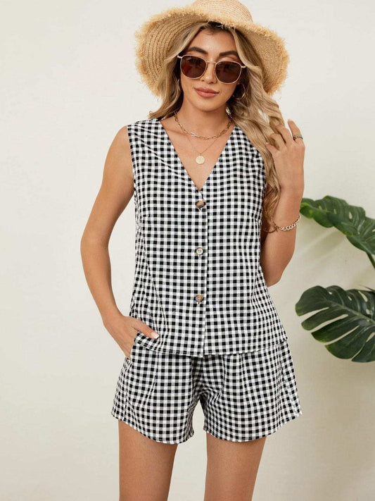 Plaid V-Neck Sleeveless Top and Shorts Set - Trendsi - Flyclothing LLC