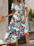 Printed Notched Short Sleeve Midi Dress - Trendsi - Flyclothing LLC