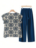 Printed Ruffled Cap Sleeve Top and Pants Set - Trendsi - Flyclothing LLC