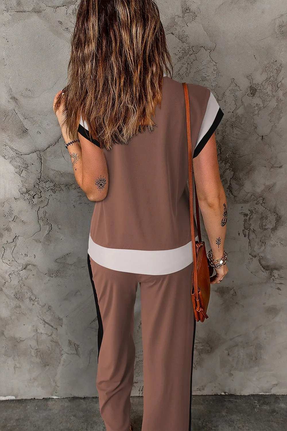 Contrast Round Neck Top and Pants Set - Trendsi - Flyclothing LLC