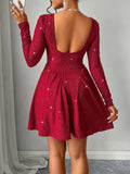 Backless Glitter Square Neck Long Sleeve Mini Dress - Trendsi - Flyclothing LLC