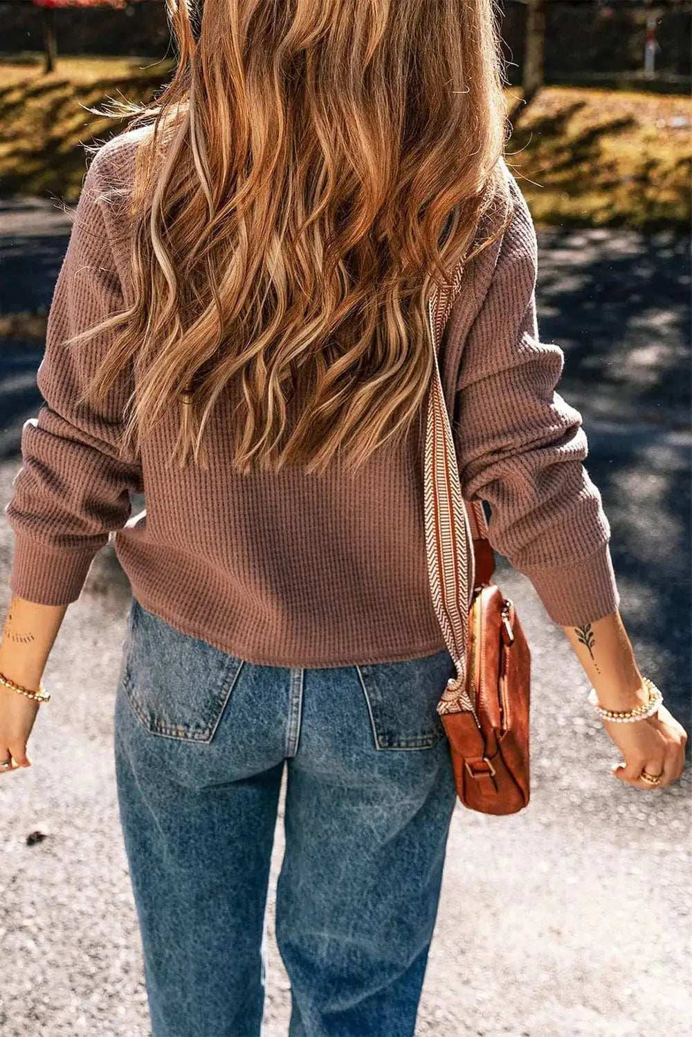 Waffle-Knit Round Neck Long Sleeve Blouse - Trendsi - Flyclothing LLC
