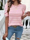 Striped Round Neck Puff Sleeve Knit Top - Trendsi - Flyclothing LLC