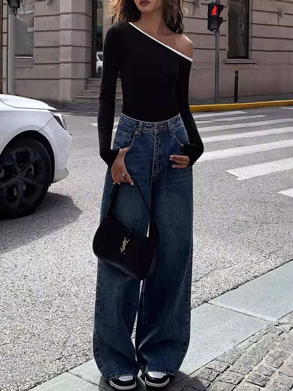 Contrast Trim One Shoulder Long Sleeve T-Shirt - Trendsi - Flyclothing LLC