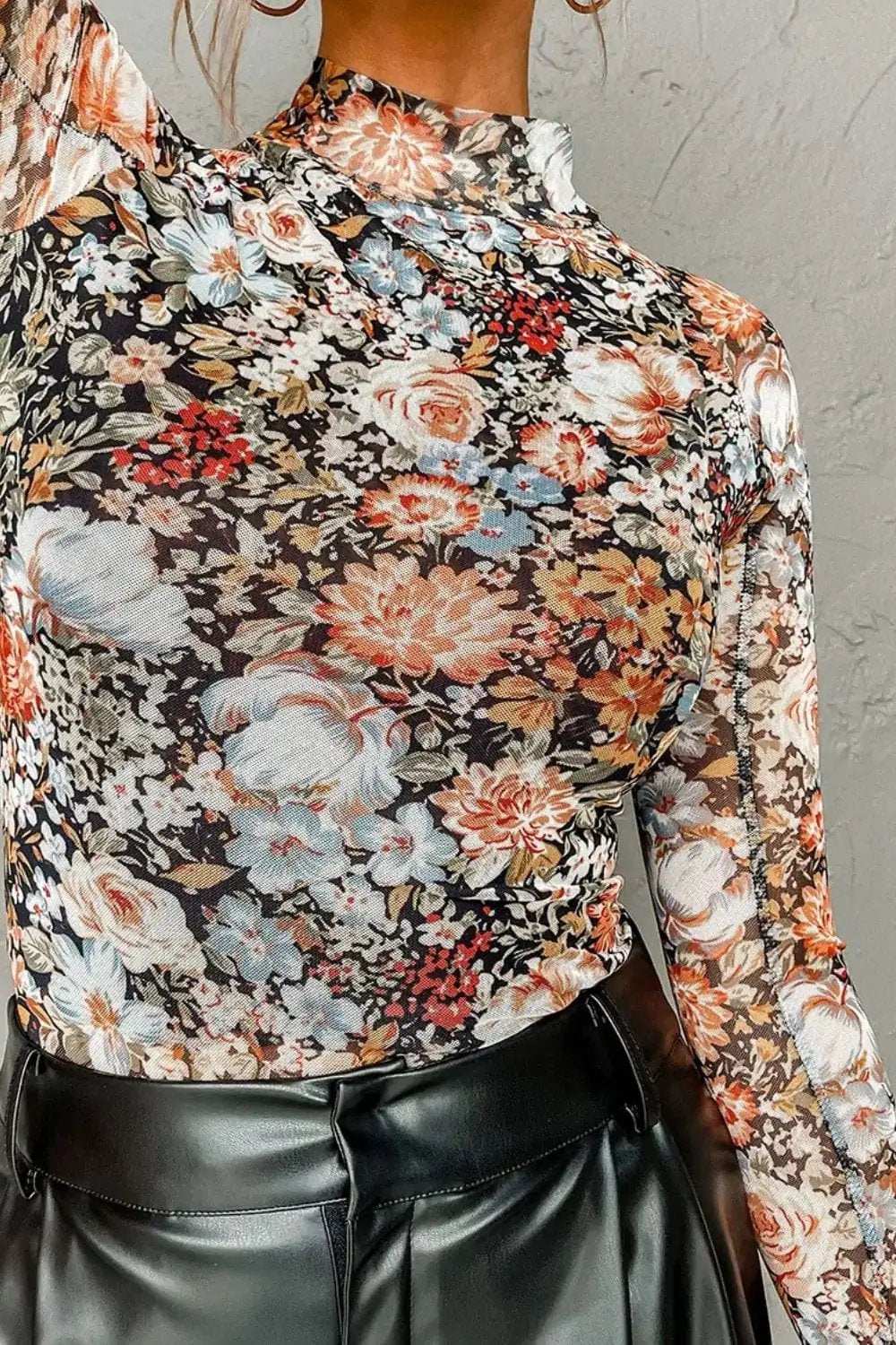 Floral Mock Neck Long Sleeve Top - Trendsi - Flyclothing LLC