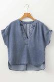 V Neck Ruffled Short Puff Sleeve Denim Top - Trendsi - Flyclothing LLC